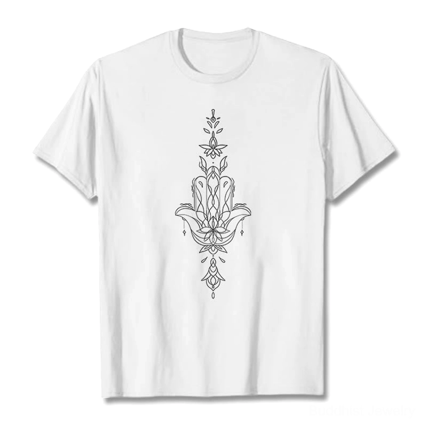 Hamsa hand lotus flower Buddhist t-shirt front flat lay view on white background white cotton fabric with centered spiritual motif