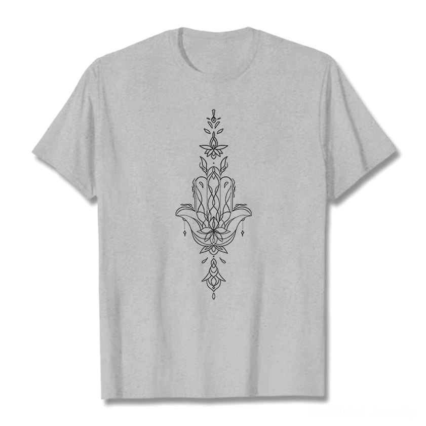 Hamsa lotus flower Buddhist t-shirt light grey color variant front flat lay showing neutral alternative color for protection tee