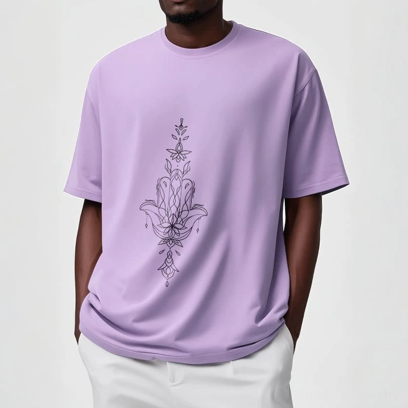 Close-up lifestyle shot hamsa lotus Buddhist t-shirt worn during meditation or yoga practice session demonstrating spiritual use
