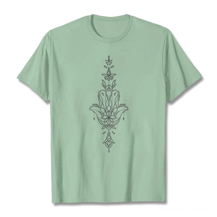 Male model full front outfit styling hamsa lotus Buddhist t-shirt with casual bottoms showing everyday spiritual wear versatility