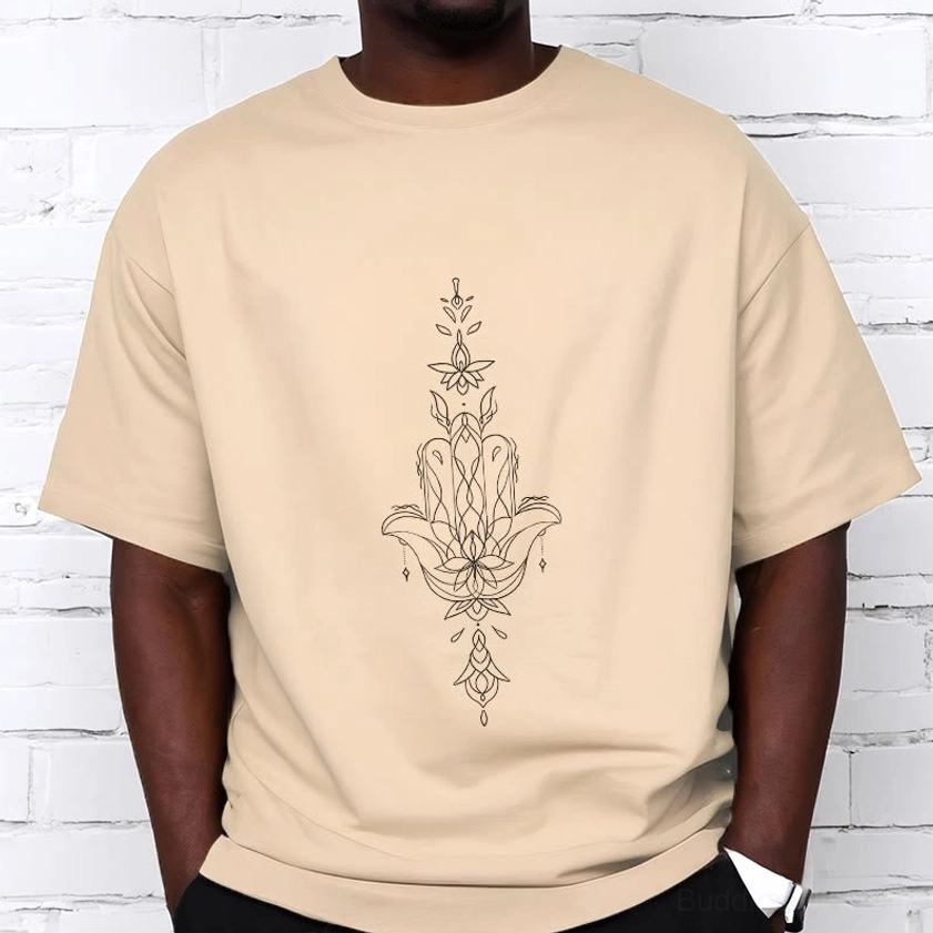 Male model wearing hamsa lotus Buddhist t-shirt full body view demonstrating unisex fit and comfort for everyday spiritual wear