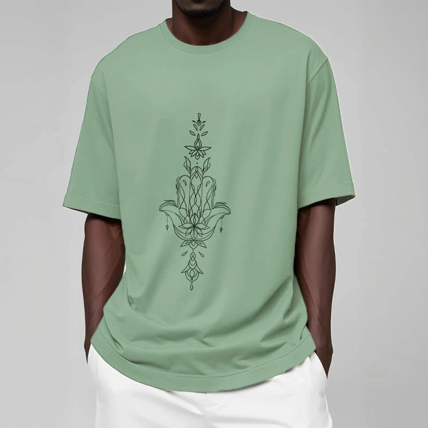 Female model full front outfit styling hamsa lotus Buddhist t-shirt with casual accessories demonstrating mindful fashion aesthetic