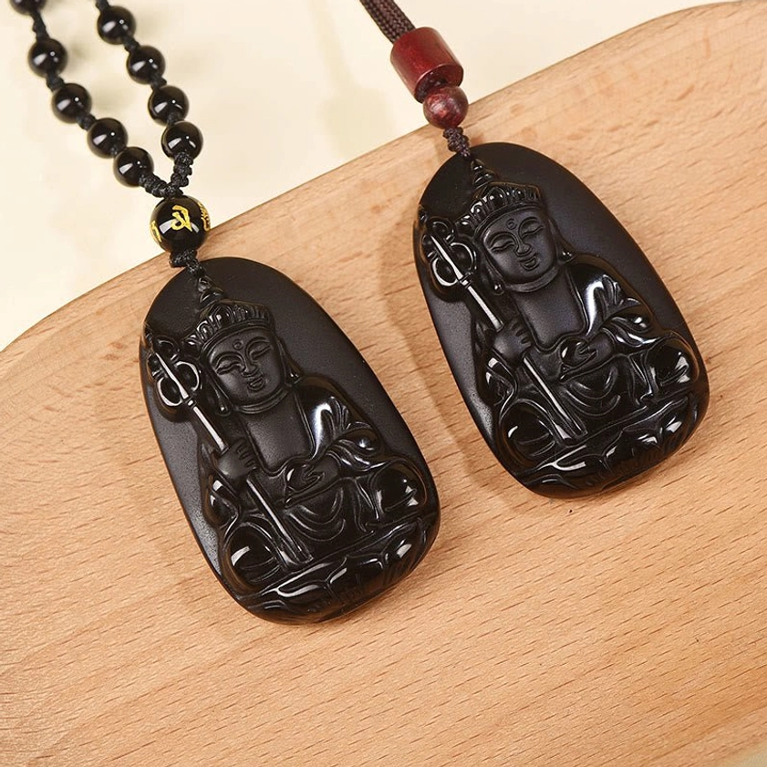 Hand-carved black obsidian Buddha necklace pendant for meditation mindfulness and spiritual wellness
