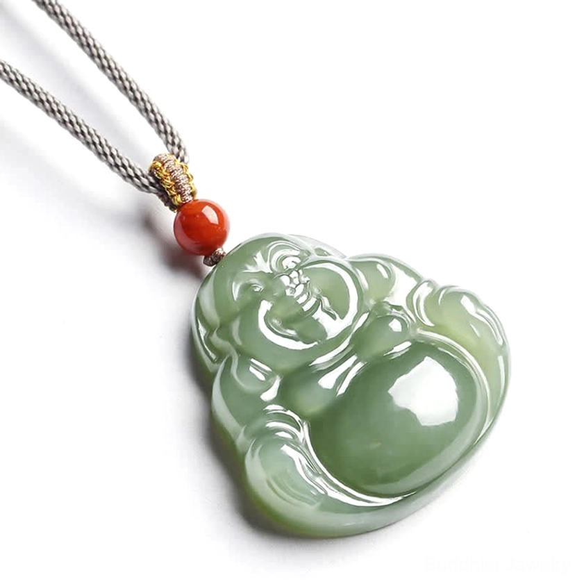 Authentic hand-carved Hetian jade Buddha pendant with traditional braided cord necklace