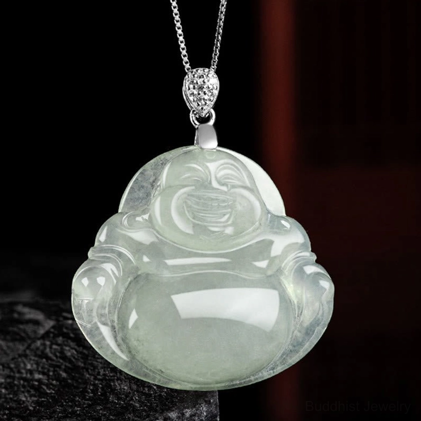 Hand-carved natural jade Laughing Buddha pendant with symmetrical Buddhist design and titanium steel chain