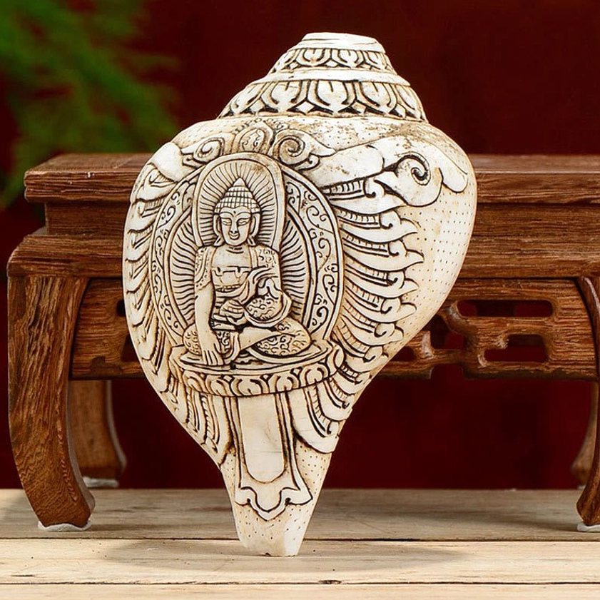 Handcrafted Tibetan Buddhist Shankha Conch Shell with Engraved Buddha Deity and Sacred Cloud Patterns