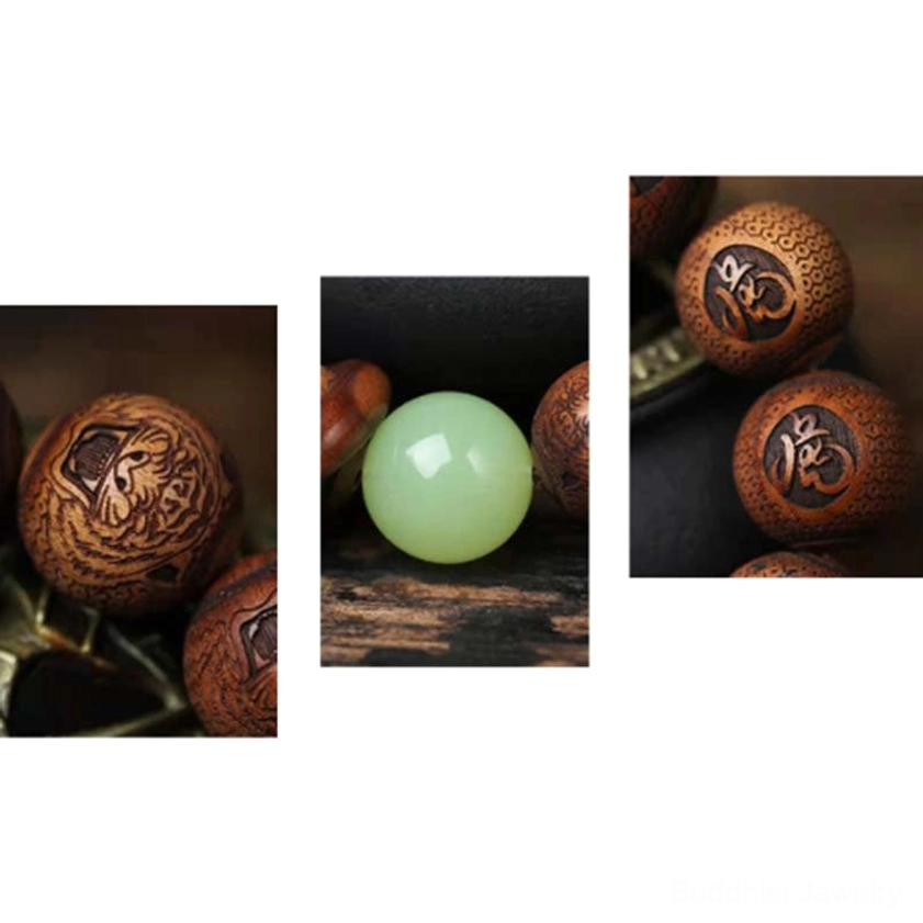 Detailed tiger head carving on rosewood bead with dark background and censer, highlighting craftsmanship and natural grain patterns