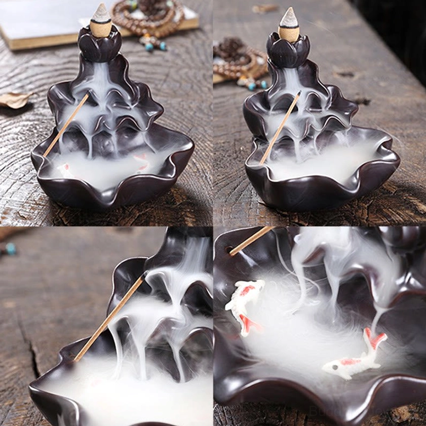Hand-glazed lotus ceramic incense burner with decorative details