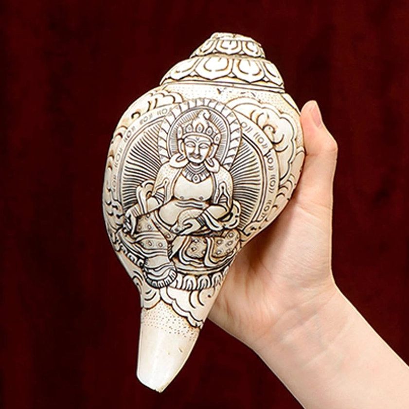 Hand-Held Carved Buddhist Conch Shell with Large Seated Buddha Engraving and Decorative Borders