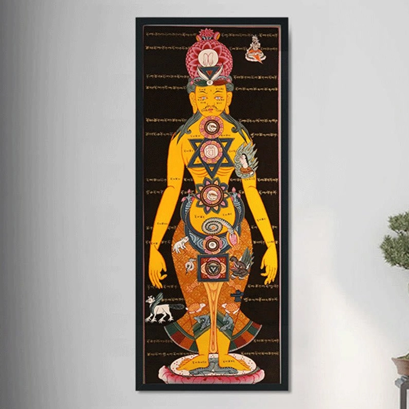 Complete hand-painted Buddhist chakra thangka scroll with vibrant sacred imagery black frame spiritual artwork
