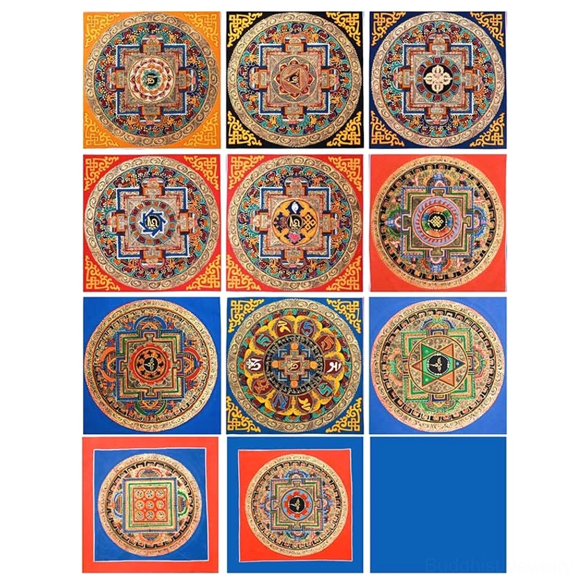 Hand-painted Buddhist mandala thangka with lotus motifs and sacred scripture for meditation and spiritual growth