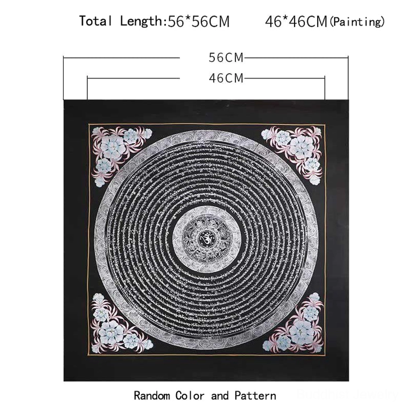Hand-painted Buddhist spiritual thangka showing detailed mandala with concentric circles and Sanskrit text – sacred meditation artwork