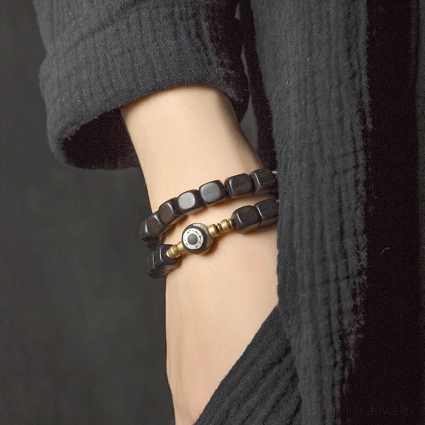 Hand-painted dzi bead bracelet with natural ebony wood, buddhist jewelry for meditation and mindfulness