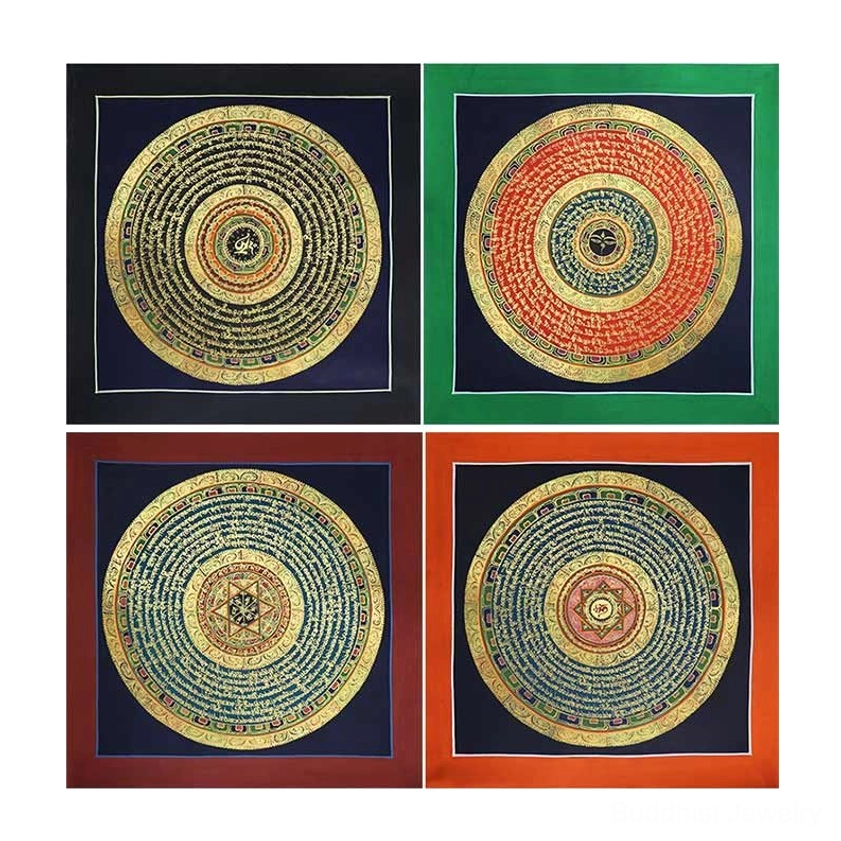Hand-painted mandala thangka with layered concentric circles and golden Sanskrit script – authentic Buddhist meditation art
