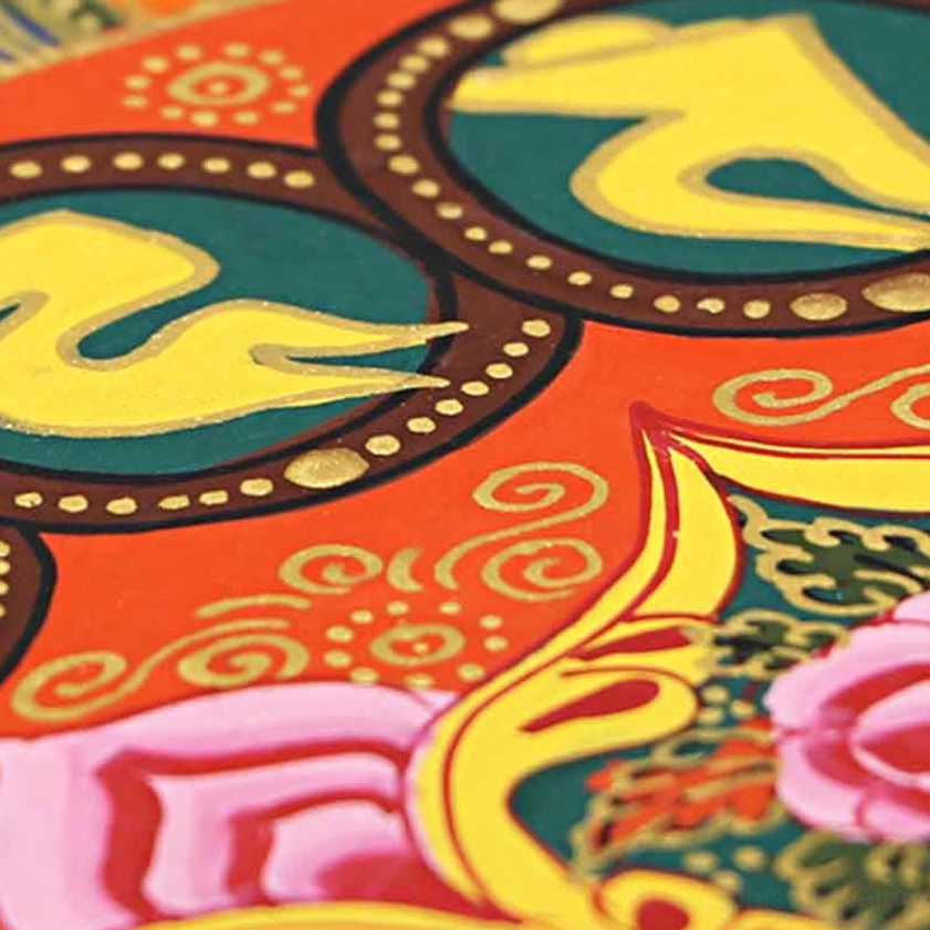 Hand-painted Om Mani Padme Hum mandala thangka showing authentic Buddhist artistry and spiritual energy