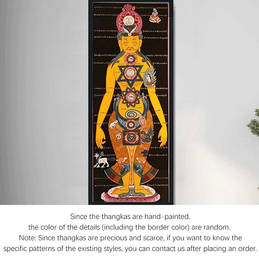 Authentic hand-painted thangka meditation art with intricate sacred patterns and traditional pigments on white background