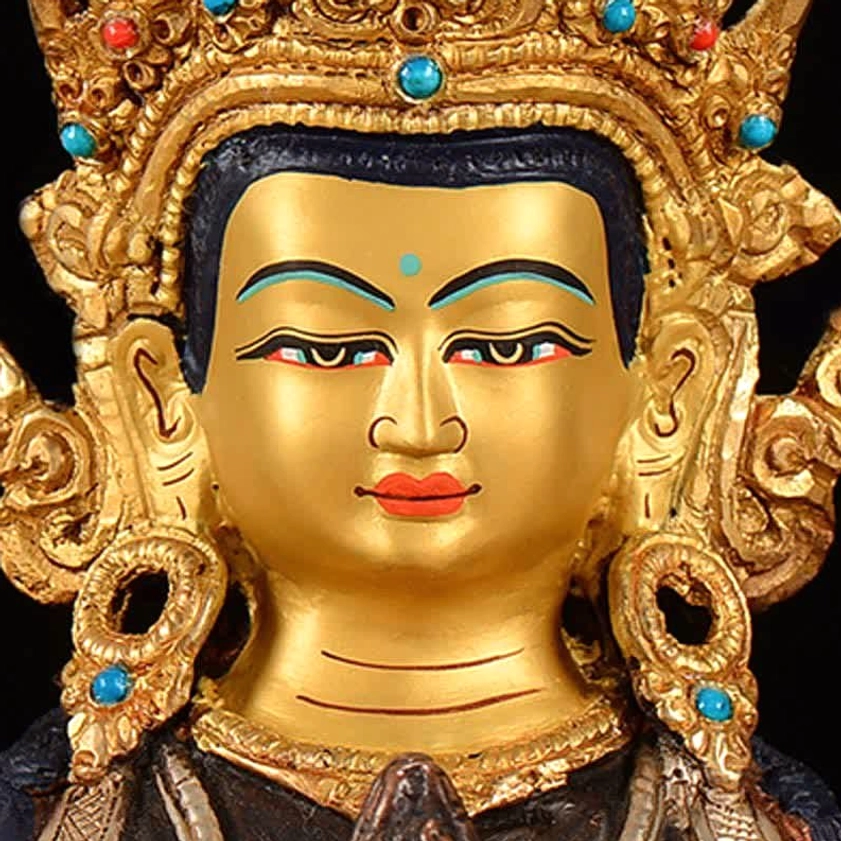 Handcrafted Avalokitesvara Buddhist copper statue - complete artisan piece showcasing traditional gilding and sacred iconography