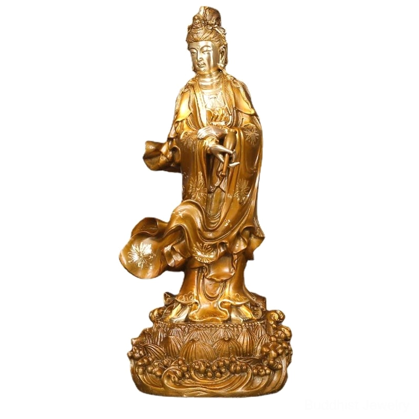 Handcrafted Avalokitesvara Guan Yin bodhisattva statue in copper and brass with ornate carved base and flowing ceremonial robes