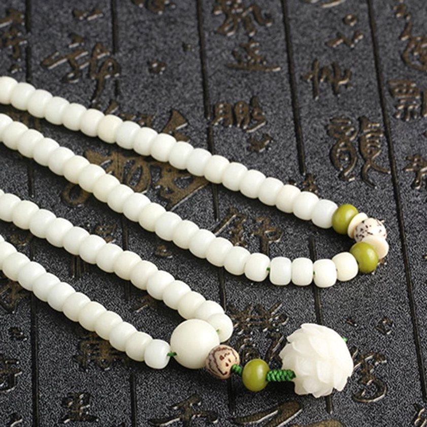Handcrafted bodhi seed prayer beads with lotus charm, 108 count meditation mala necklace