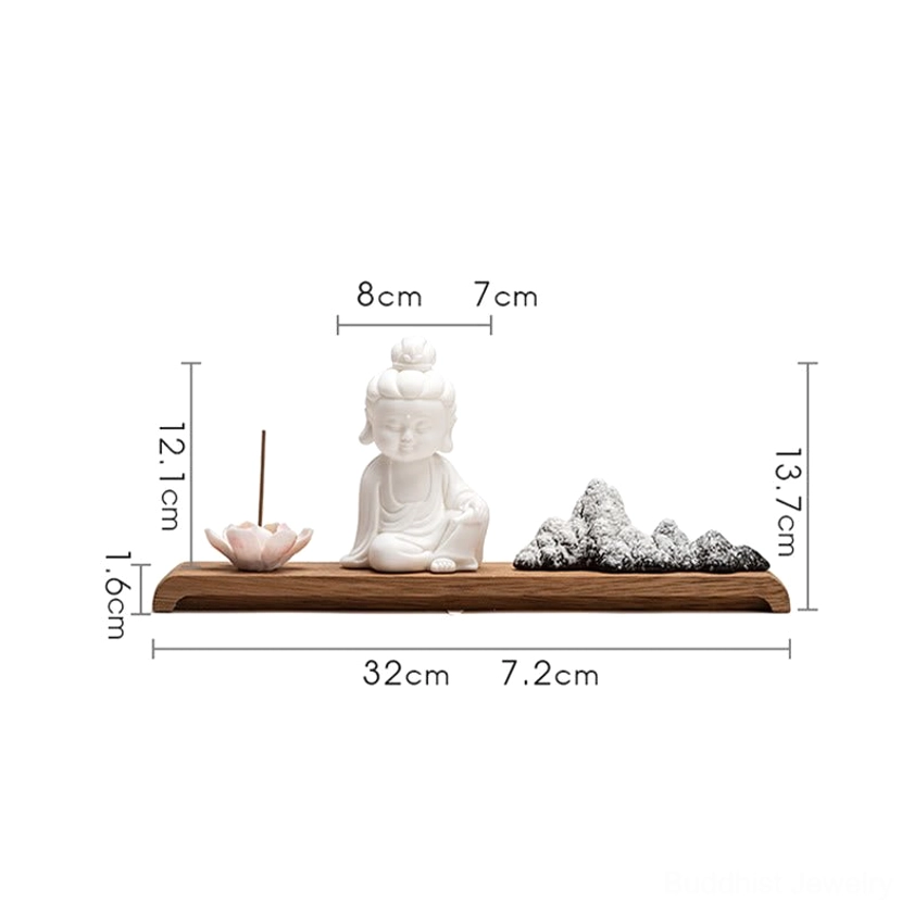 Handcrafted ceramic Buddha incense burner with solid wood base and mountain stone ornaments