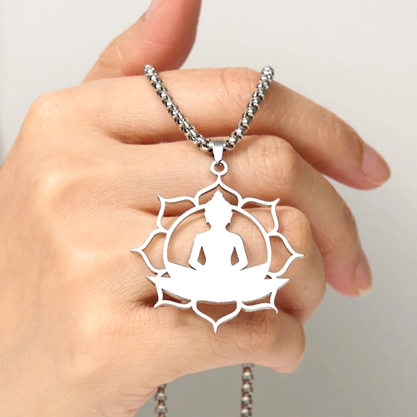 Stainless steel buddha lotus pendant necklace artisan handcrafted detail