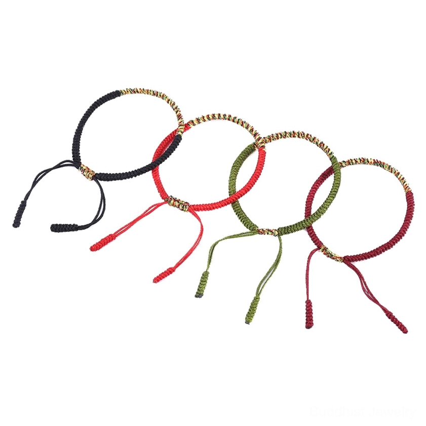 Handcrafted Buddhist King Kong Knot bracelet with multicolor natural materials showing eco-friendly sustainable artisan weaving technique