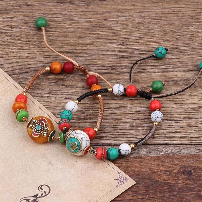 Handcrafted Buddhist bracelet with natural turquoise and amber, adjustable spiritual meditation jewelry