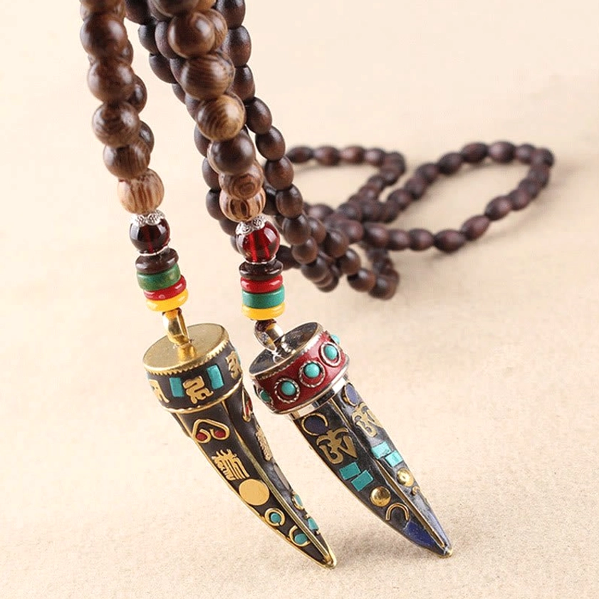Sacred buddhist necklace pendant handcrafted wenge wood and natural materials