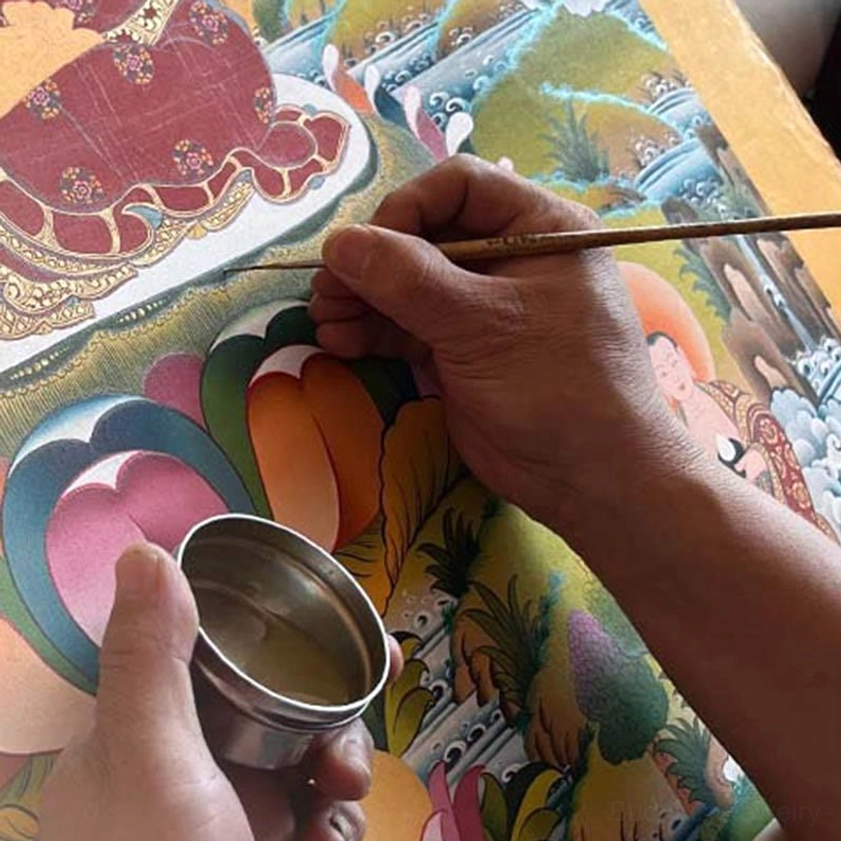Handcrafted Buddhist thangka with Om Mani Padme Hum sacred mantra and compassion symbolism