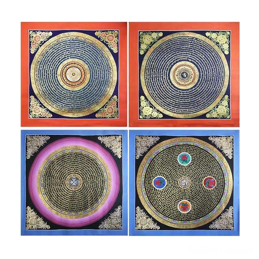 Handcrafted Buddhist thangka scroll displaying traditional mandala composition – sacred spiritual artwork for meditation space