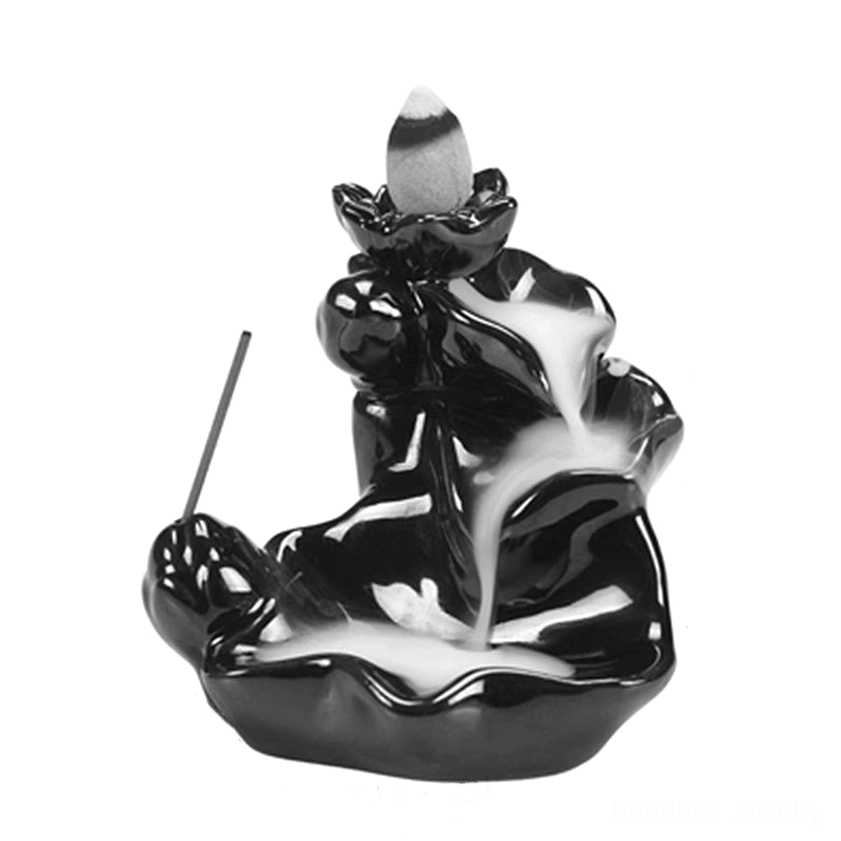 Monochrome glossy black ceramic backflow incense holder, artisan handcrafted design