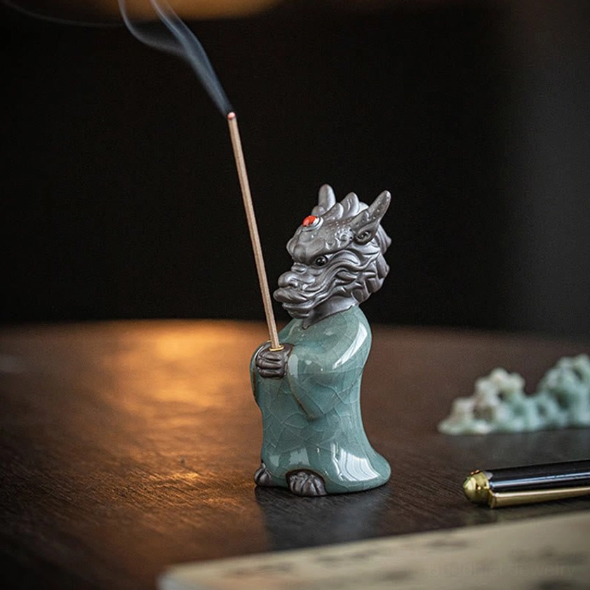 Handcrafted ceramic dragon incense burner with crackle glaze finish and authentic artisan quality