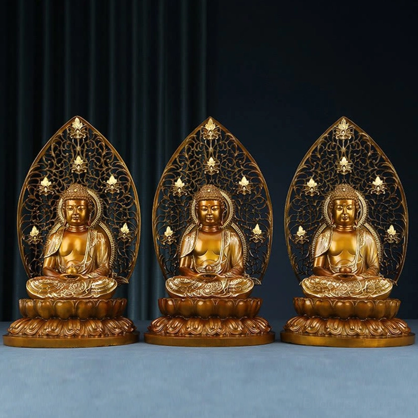 Handcrafted copper Buddha figurine detail - Sacred symbolic hand mudra and intricate carved ornamental features