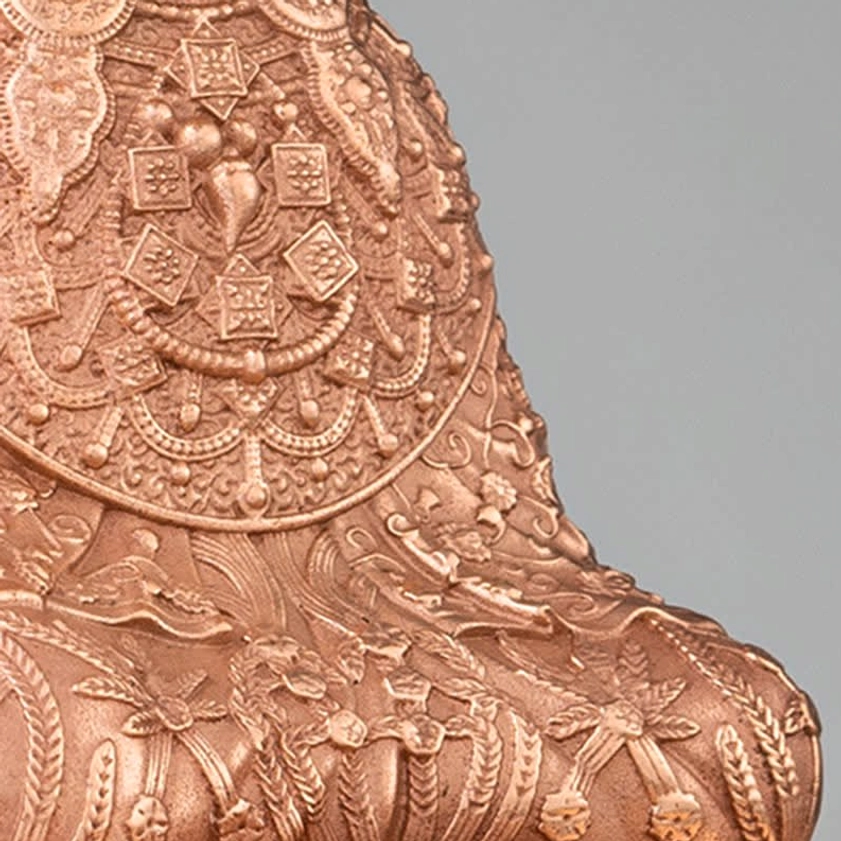 Handcrafted copper Shakyamuni Buddha meditation statue complete view showing authentic Buddhist iconography and craftsmanship