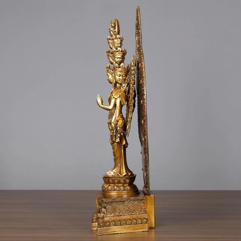 Handcrafted Guan Yin compassion statue full composition showing antique bronze finish and complete spiritual presence