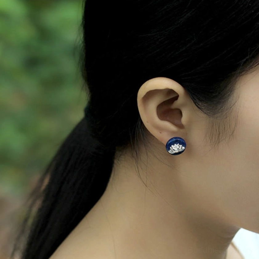 Premium lapis lazuli lotus earrings with 925 sterling silver posts handcrafted spiritual jewelry