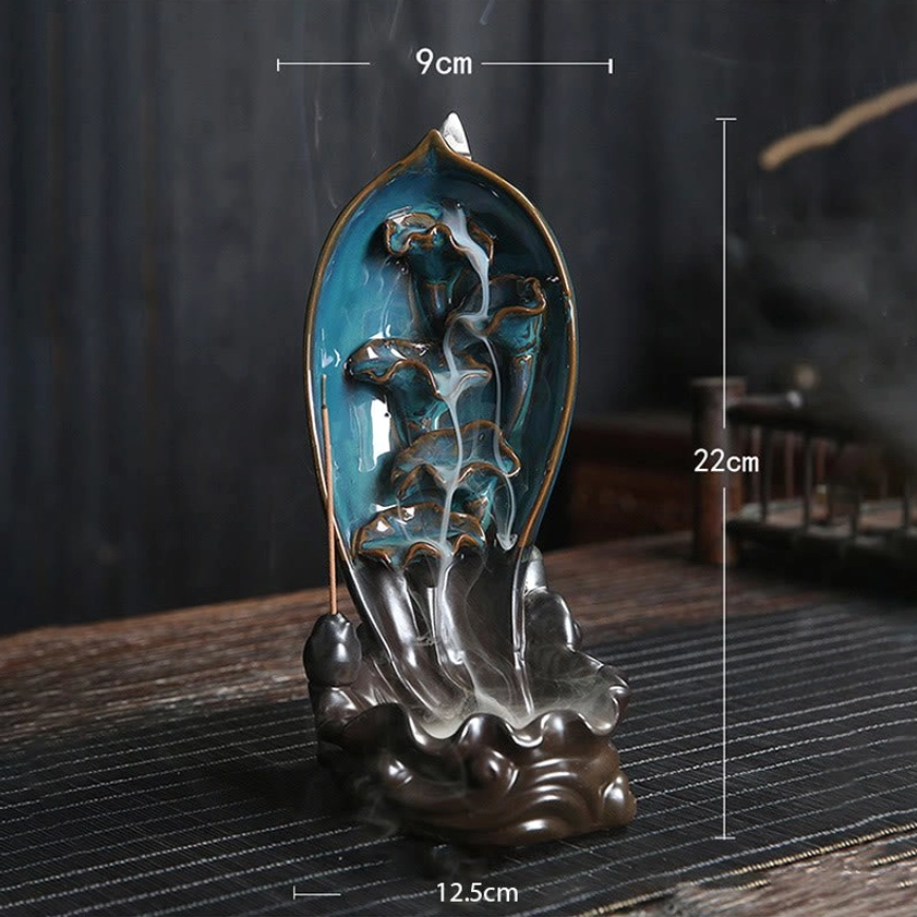 Lotus backflow incense burner detail showcasing hand-glazed ceramic craftsmanship and decorative elements for meditation practice
