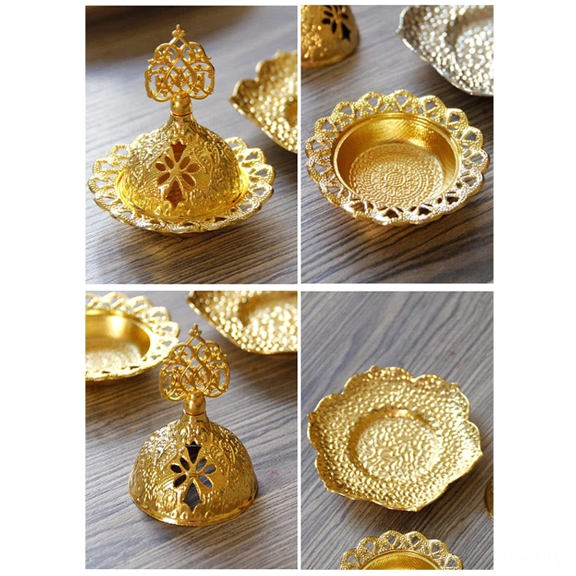 Handcrafted Buddhist incense holder with intricate floral carving and alloy metal construction