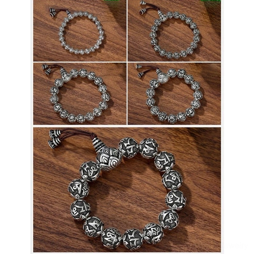 Handcrafted mantra mala bracelet with intricate carved beads and flexible elastic string for daily spiritual wear