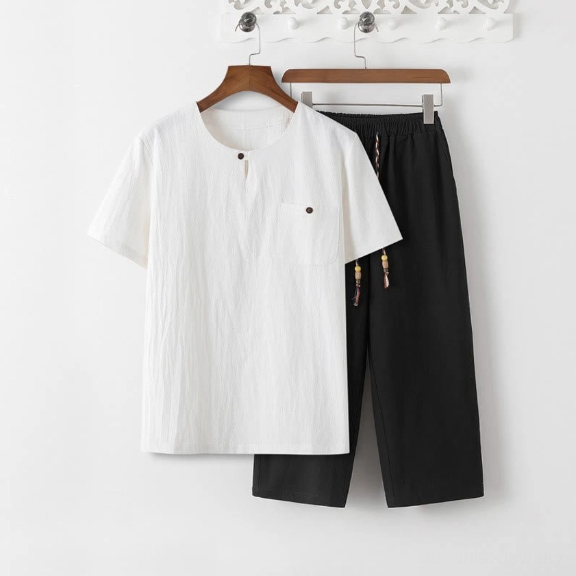 Buddhist meditation clothing set handcrafted by master artisans - showing attention to detail in stitching construction and quality materials used in mens meditation outfit