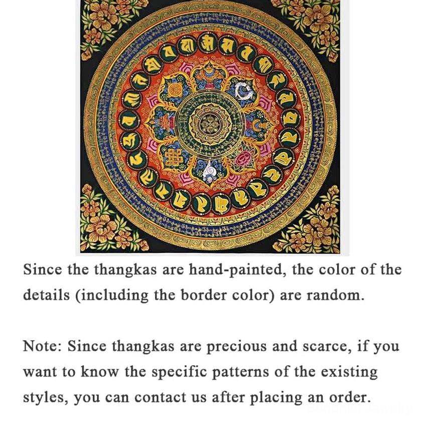 Hand-painted mantra mandala thangka featuring circular sacred syllables with gilt decorative edges and colorful spiritual motifs