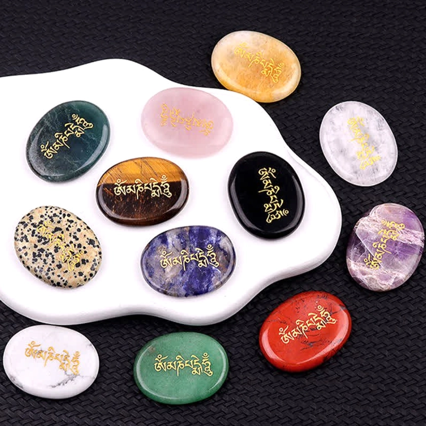 Om Mani Padme Hum palm stone handcrafted natural crystal stone detail