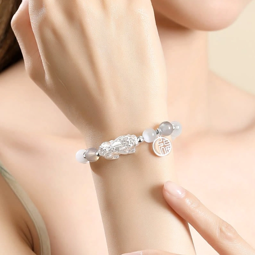 Handcrafted Pixiu Om Mani Padme Hum bracelet, artisanal sterling silver and natural gemstone creation