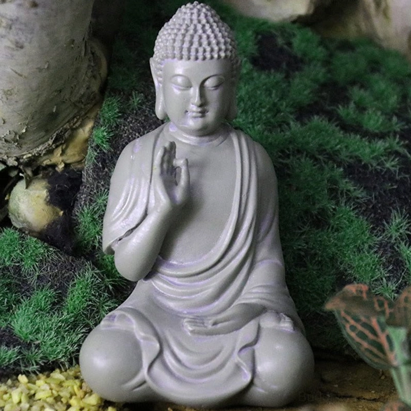Handcrafted resin Buddha statue showing natural material texture and artisanal matte finish for meditation and spiritual practice