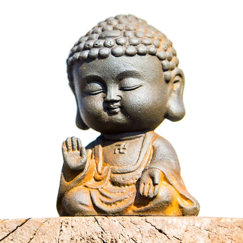 Handcrafted small Buddha statue figurine with authentic rustic aged bronze appearance