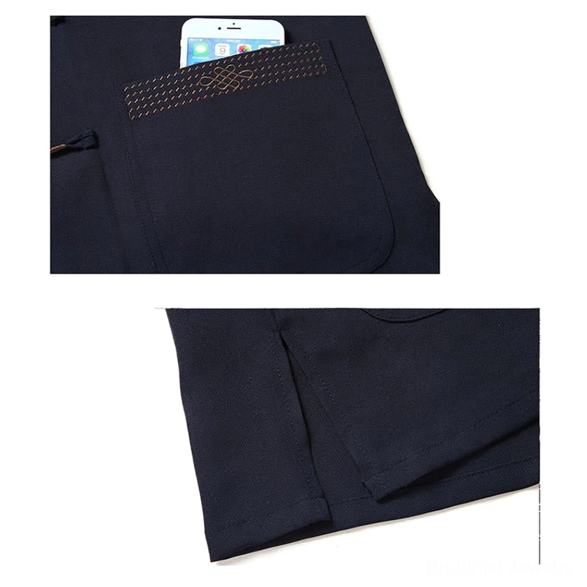Handcrafted Tang suit set for men demonstrating artisanal Chinese knotwork embroidery and traditional construction methods
