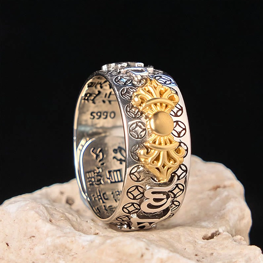 Handcrafted om mani padme hum vajra ring copper silver close-up showing artisan engraving quality and craftsmanship