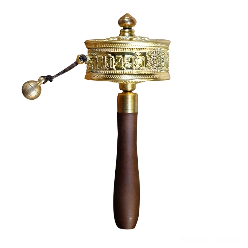 Full view of handmade Buddhist prayer wheel with complete engraved gilt body, dark sandalwood handle, and hanging bell pendant - spiritual meditation tool
