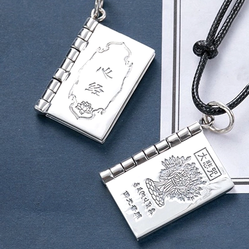 Handcrafted 990 sterling silver Buddhist book pendant with engraved lotus and Buddhist mantra text