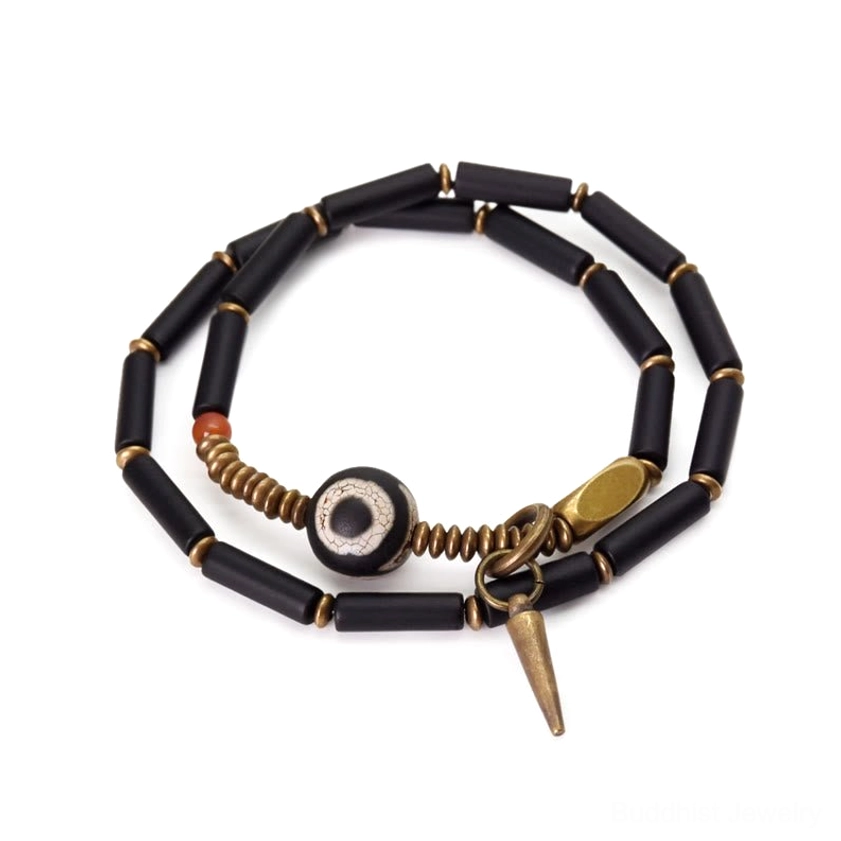 Handmade black onyx copper Dzi bead bracelet with cone pendant spiritual protection talisman